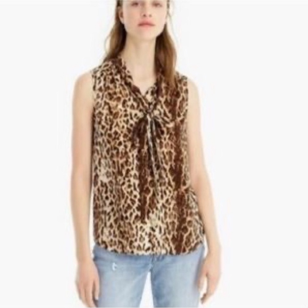 NWT🌺J.Crew•Sleeveless Tie Neck Animal Print Blouse